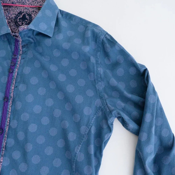 Au Noir Blue Polka Dot 100% Cotton Button Down Designer Dress Shirt Size 4 Large - Picture 9 of 16